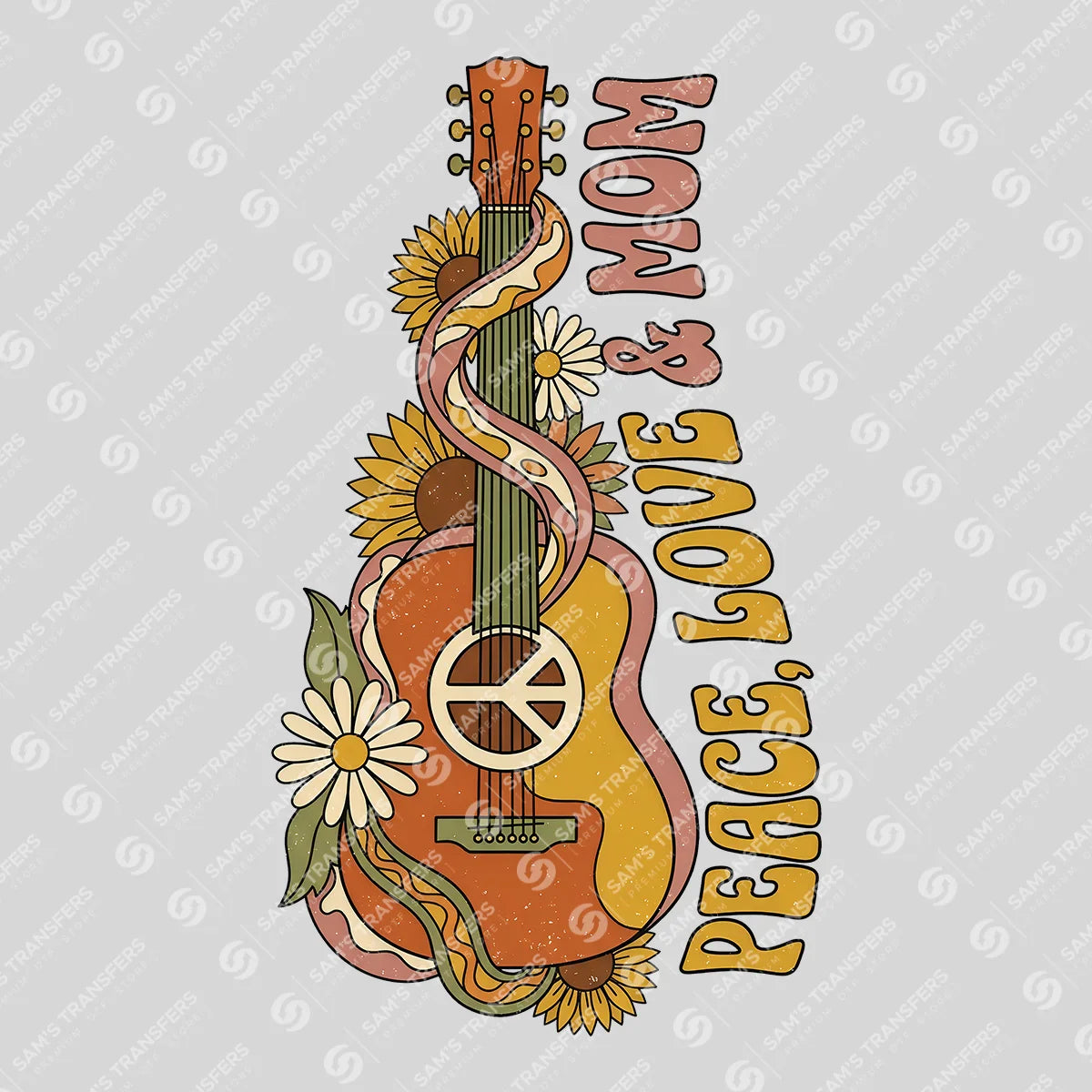 Apparel featuring a Peace Love And Mom-themed DTF transfer.