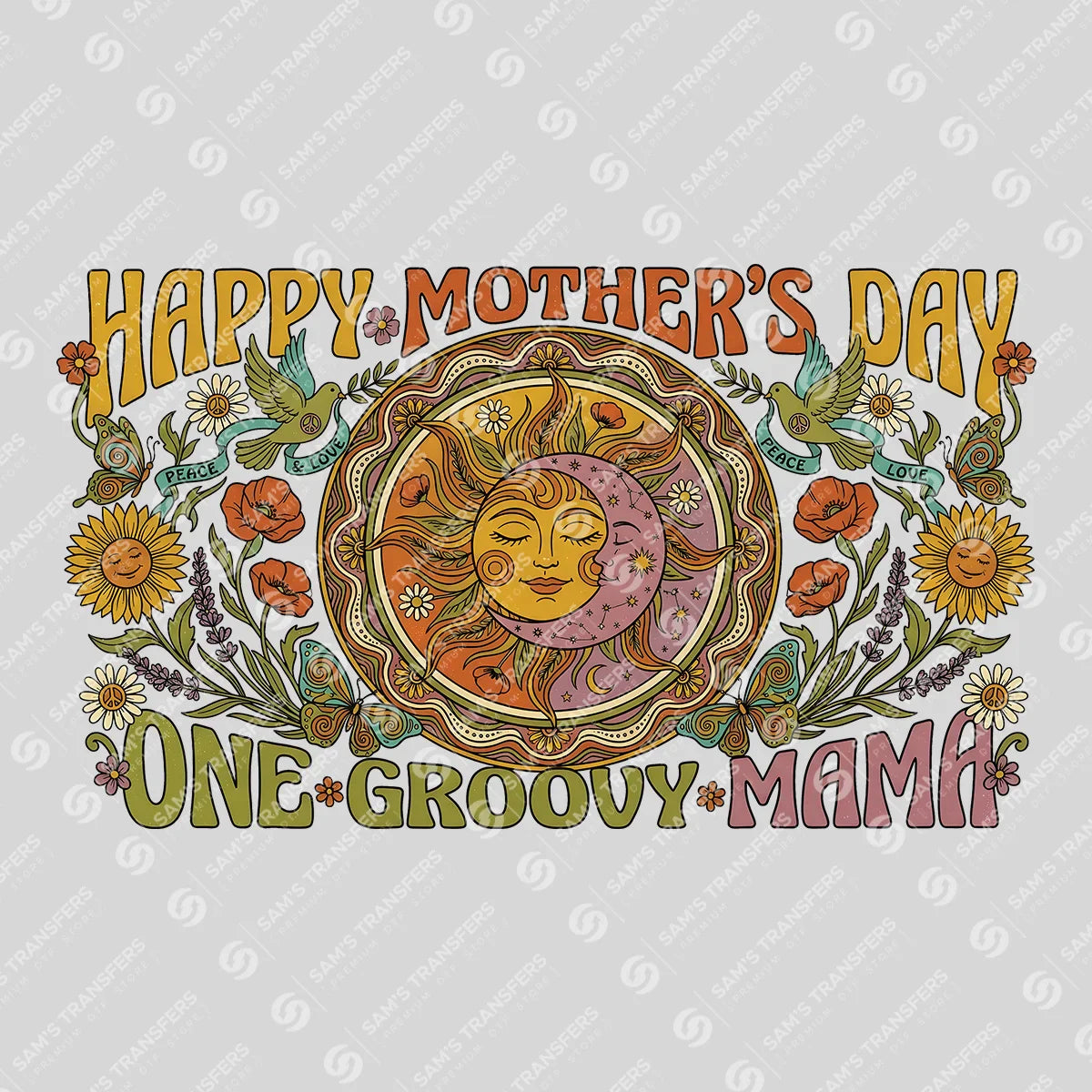 Apparel featuring a Happy Mother's Day One Groovy Mama-themed DTF transfer.