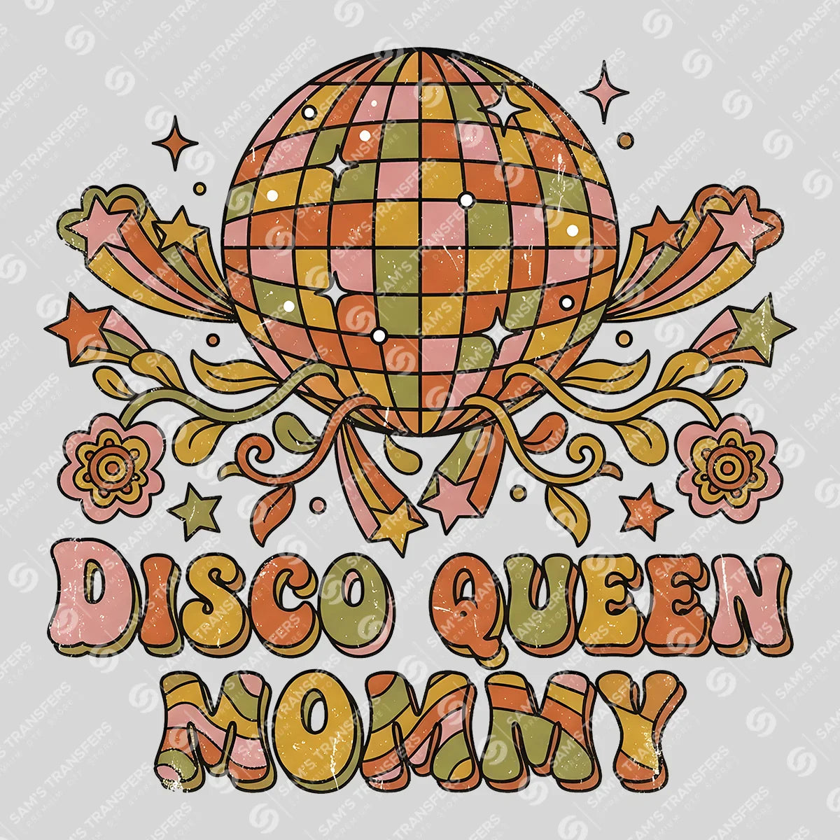 Apparel featuring a Disco Queen Mommy-themed DTF transfer.