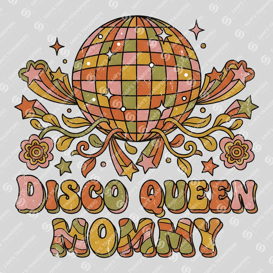 Apparel featuring a Disco Queen Mommy-themed DTF transfer.