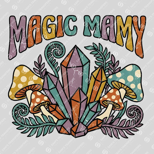 Apparel featuring a Magic Mamy-themed DTF transfer.
