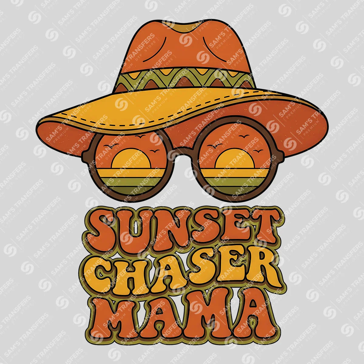 Apparel featuring a Sunset Chaser Mama-themed DTF transfer.