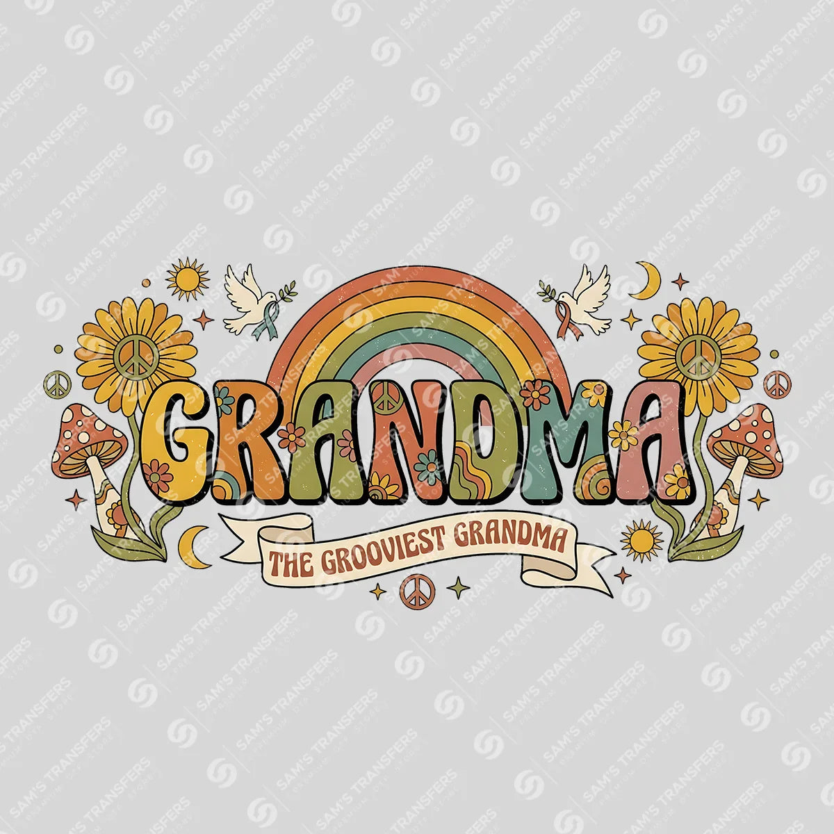 Apparel featuring a Grandma The Grooviest Grandma-themed DTF transfer.
