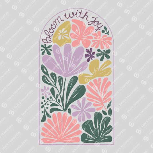 Apparel featuring a Bloom With Joy-themed DTF transfer.