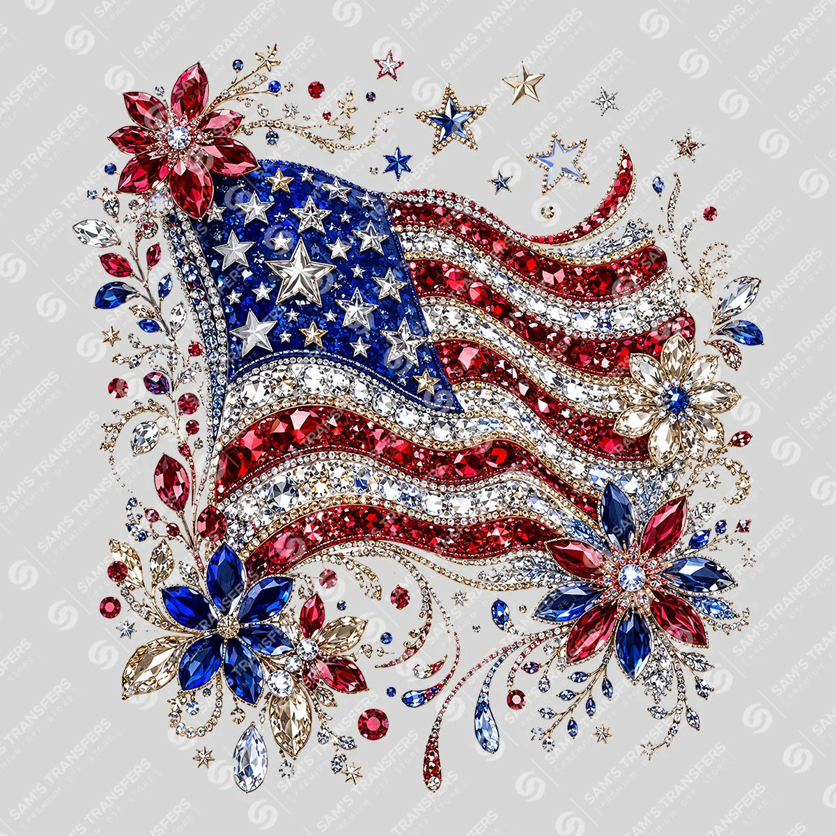 Apparel featuring a American Flag Bling-themed DTF transfer.