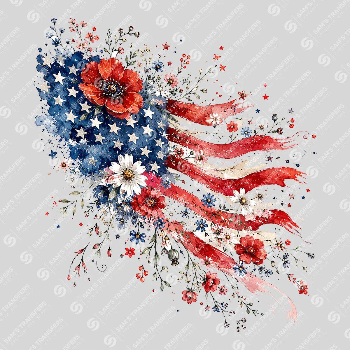 Apparel featuring a Floral American Flag-themed DTF transfer.