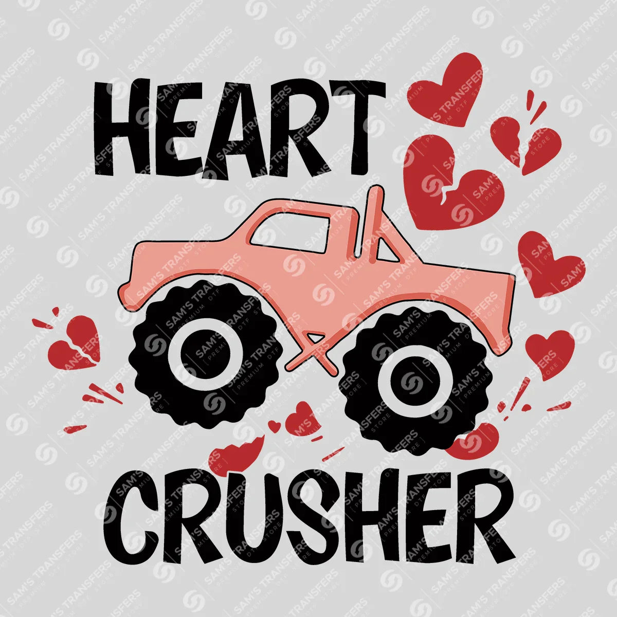 Apparel featuring a Heart Crusher-themed DTF transfer.