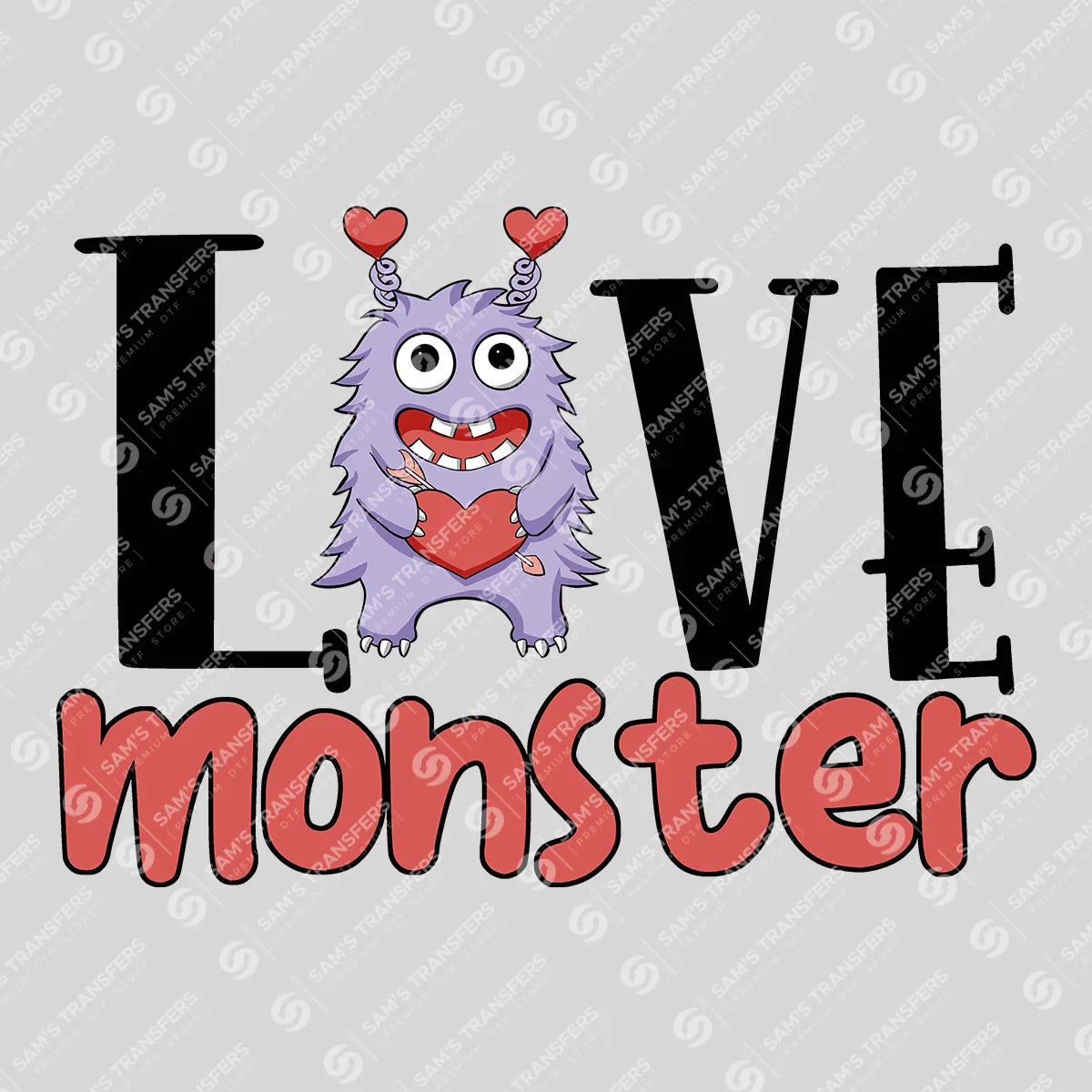 Apparel featuring a Love Monster-themed DTF transfer.