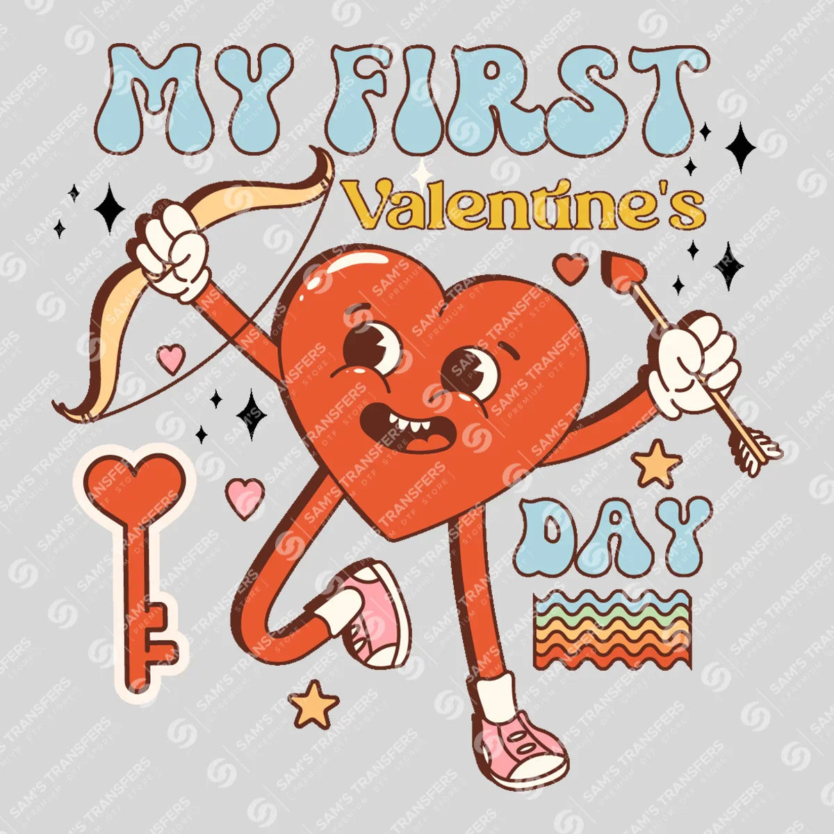 Apparel featuring a My First Valentines Day-themed DTF transfer.