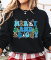 Black sweatshirt with colorful “Merry and Bright” DTF transfer design featuring leopard and cow prints, blue lettering, snowflakes, and Christmas trees, ideal for festive holiday apparel.