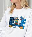 White sweatshirt with “ELF” DTF transfer design featuring blue plaid, striped elf leg, presents, candy cane, and snowflakes—perfect for fun holiday wear.