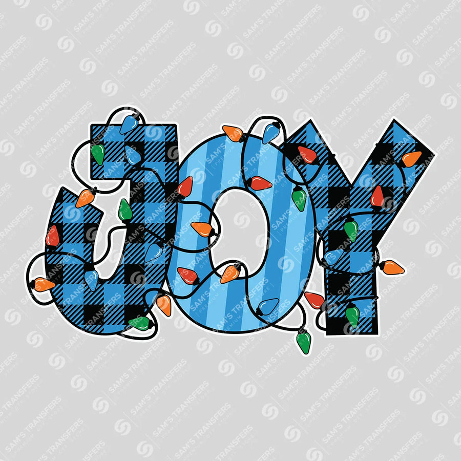 JOY – Blue Buffalo Plaid Christmas Lights DTF Transfer
