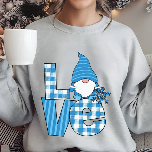 Light gray sweatshirt with “LOVE” DTF transfer featuring a blue-hat gnome holding a snowflake and blue plaid letters—perfect for cozy winter apparel.