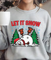 Light gray sweatshirt with “Let It Snow” DTF transfer featuring a funny fallen snowman between two Christmas trees and snowflakes—perfect for humorous winter apparel.