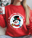 Red sweatshirt with “Frosty the Snowman – Was a Jolly Happy Soul” DTF transfer featuring Frosty with a top hat, pipe, and red scarf.