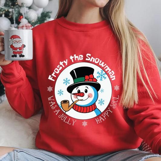 Red sweatshirt with “Frosty the Snowman – Was a Jolly Happy Soul” DTF transfer featuring Frosty with a top hat, pipe, and red scarf.