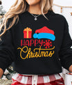 Black sweatshirt with colorful “Happy Christmas” text, Santa hat, snowflake, and gift box graphic — festive holiday sweatshirt.