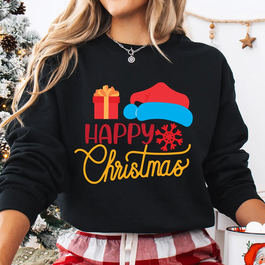 Black sweatshirt with colorful “Happy Christmas” text, Santa hat, snowflake, and gift box graphic — festive holiday sweatshirt.