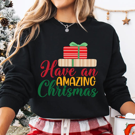 Black sweatshirt with “Have an Amazing Christmas” text and stacked red and beige gift boxes design — cheerful holiday sweatshirt.