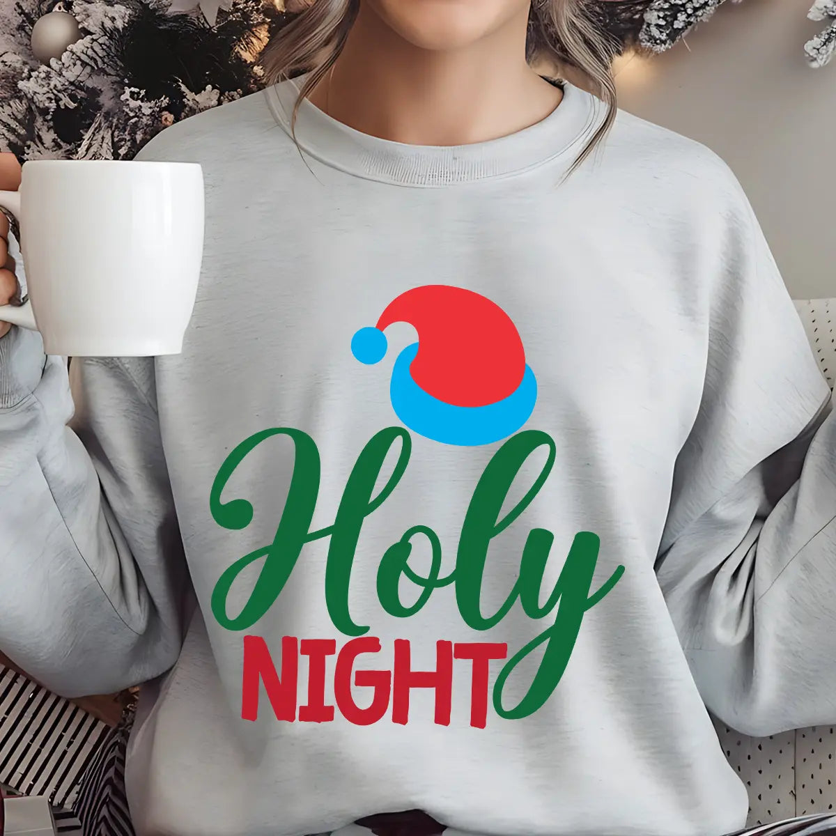 Grey sweatshirt with “Holy Night” text and red-blue Santa hat design — minimal Christmas sweatshirt.