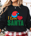 Black sweatshirt with “I Love Santa” text, red heart, and Santa hat graphic — festive holiday sweatshirt.
