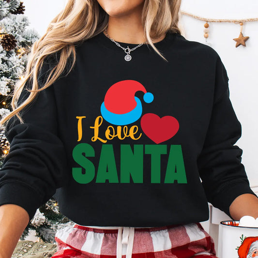Black sweatshirt with “I Love Santa” text, red heart, and Santa hat graphic — festive holiday sweatshirt.