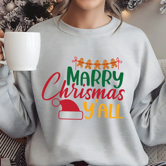 Gray sweatshirt with “Merry Christmas Y’all” text, gingerbread men, and Santa hat – festive southern-style holiday sweatshirt.