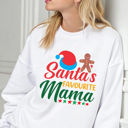 White sweatshirt with “Santa’s Favourite Mama” text featuring a Santa hat, gingerbread man, and stars in red, green, and yellow colors.