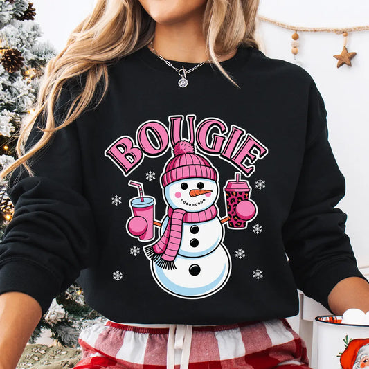 Black sweatshirt featuring a snowman with pink hat, scarf, and gloves, holding drinks with the word “BOUGIE” in bold pink letters.