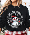 Black sweatshirt featuring a happy snowman with a top hat, red pipe, and the phrase “Frosty the Snowman Was a Jolly Happy Soul,” perfect for festive Christmas wear.