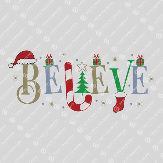 Believe – Classic Christmas Candy Cane & Tree DTF Transfer