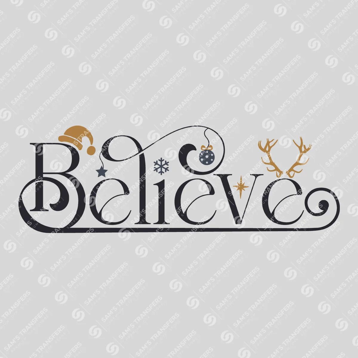 Believe – Gold & Black Minimal Christmas Script DTF Transfer