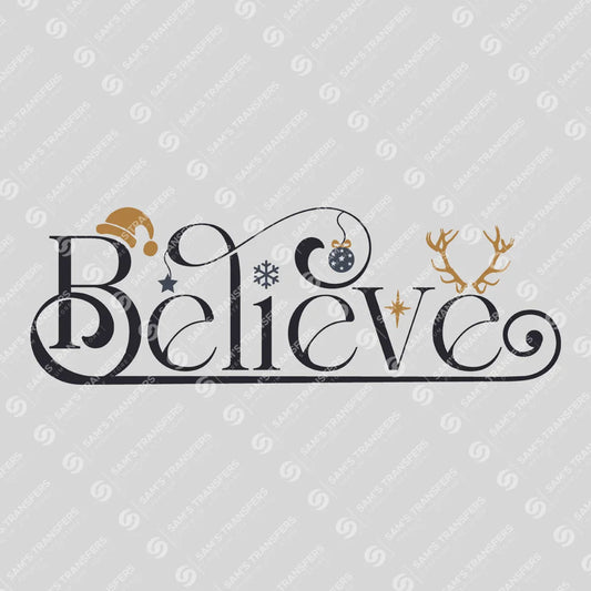 Believe – Gold & Black Minimal Christmas Script DTF Transfer