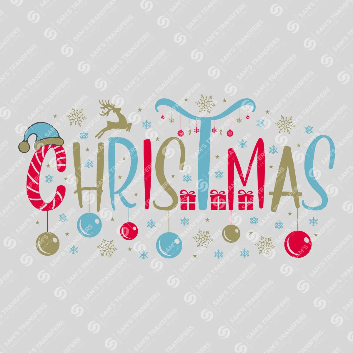 Christmas – Colorful Ornaments & Reindeer Holiday DTF Transfer