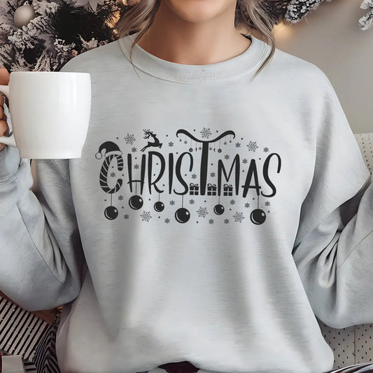 Gray sweatshirt featuring a black “Christmas” DTF transfer design with Santa hat, reindeer, presents, and ornaments—minimal and elegant festive apparel.