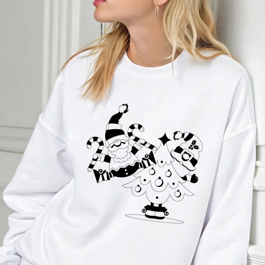 White sweatshirt featuring black outline artwork of Santa Claus holding candy canes beside a decorated Christmas tree—minimal and festive Christmas DTF design.