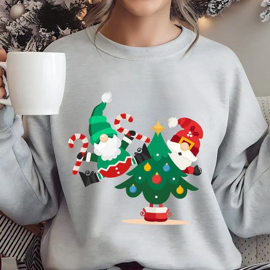 Gray sweatshirt with colorful DTF design featuring two Santas holding candy canes beside a decorated Christmas tree, festive holiday print.