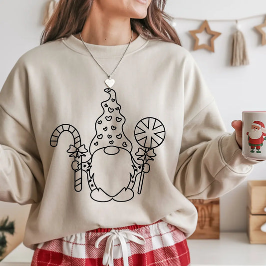 Sand-colored sweatshirt featuring black line-art DTF design of a Christmas gnome holding a candy cane and peppermint lollipop.