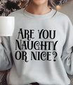 Gray sweatshirt with bold black text “Are You Naughty or Nice?” DTF design, perfect for festive and funny holiday apparel.