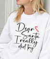 White Christmas sweatshirt with “Dear Santa I Really Did Try” DTF design in black script and a red candy cane accent.