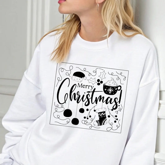 White sweatshirt with “Merry Christmas” DTF design featuring a Santa hat, cocoa mug, ornaments, and stocking outlined in a festive frame.