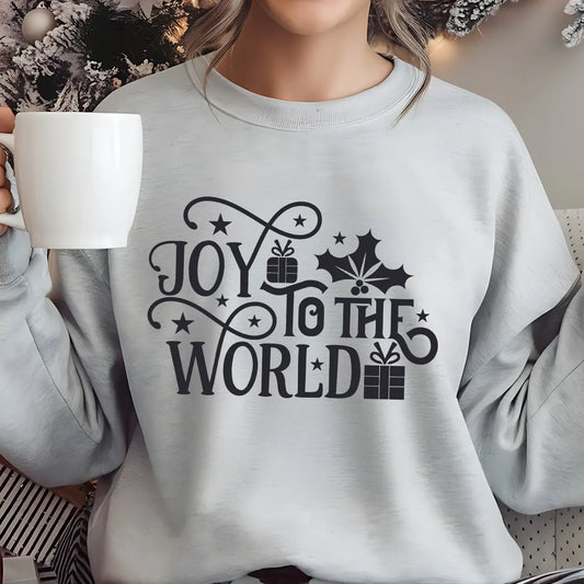 Gray sweatshirt with “Joy to the World” Christmas design featuring holly leaves, stars, and gift icons.