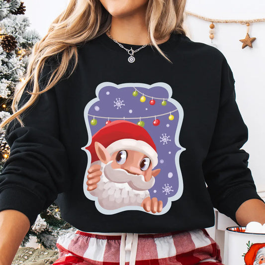 Black sweatshirt with a cute cartoon Santa peeking out against a snowy purple background with colorful lights.