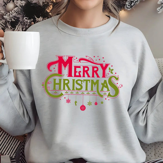 Gray sweatshirt with red and green “Merry Christmas” DTF design featuring hanging ornaments and stars.