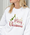 White sweatshirt with red, green, and gold “Merry Christmas” DTF design featuring a Christmas tree and stars.