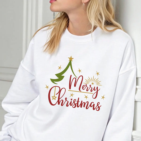 White sweatshirt with red, green, and gold “Merry Christmas” DTF design featuring a Christmas tree and stars.
