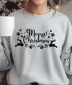 Gray sweatshirt with black “Merry Christmas” script DTF design featuring reindeer and snowflakes.