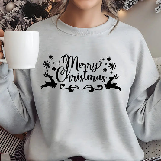 Gray sweatshirt with black “Merry Christmas” script DTF design featuring reindeer and snowflakes.