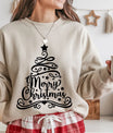 Sand-colored sweatshirt with black “Merry Christmas” swirl tree DTF design featuring stars and elegant typography.
