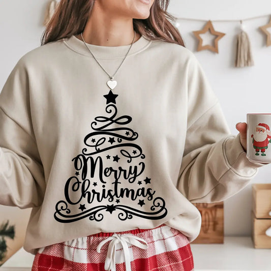 Sand-colored sweatshirt with black “Merry Christmas” swirl tree DTF design featuring stars and elegant typography.
